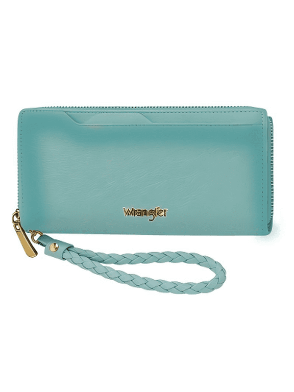 Wrangler Long Wallet for Women RFID Blocking Large Capacity Clutch Purse Wristlet Card Holder with Zipper, Turquoise