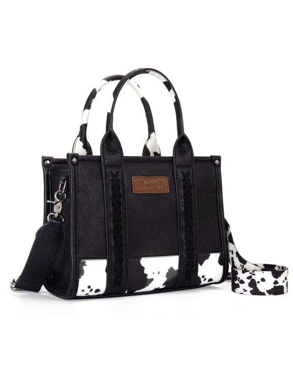 Wrangler Medium Tote Bag for Women Designer Satchel Handbags Top-handle Purses with Strap, Bottom Cow-Black