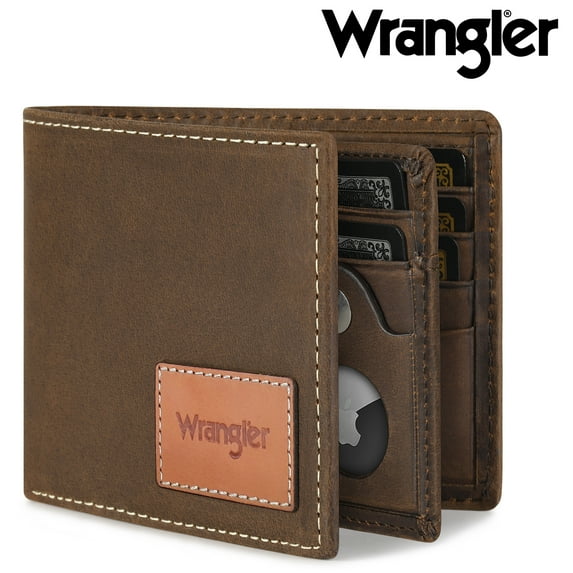Wrangler Men’s Bifold Wallet Genuine Leather, RFID Blocking, Casual Everyday 10-20 Cards Purse with AirTag Holder, Gift for Him