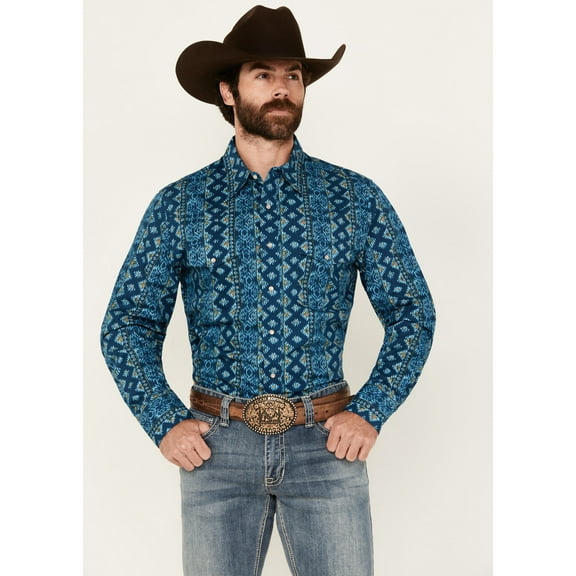Wrangler Men's Checotah Southwestern Striped Long Sleeve Pearl Snap Western Blue 3X