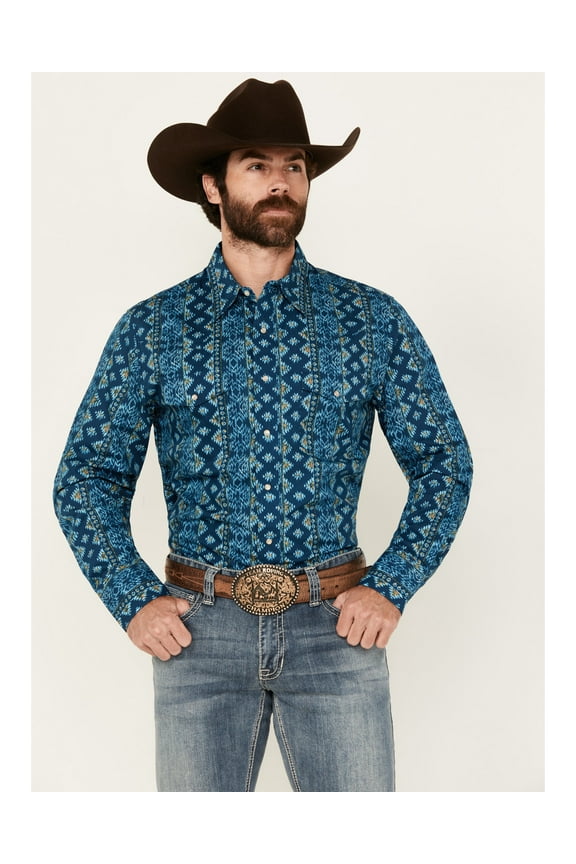 Men's Checotah Southwestern Striped Long Sleeve Pearl Snap Western Blue