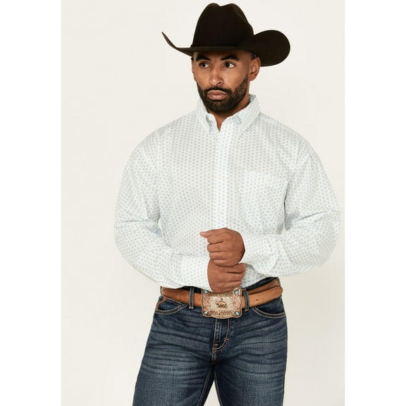 Wrangler Men's Classic Geo Print Long Sleeve Button-Down Stretch Western Shirt Blue 2X