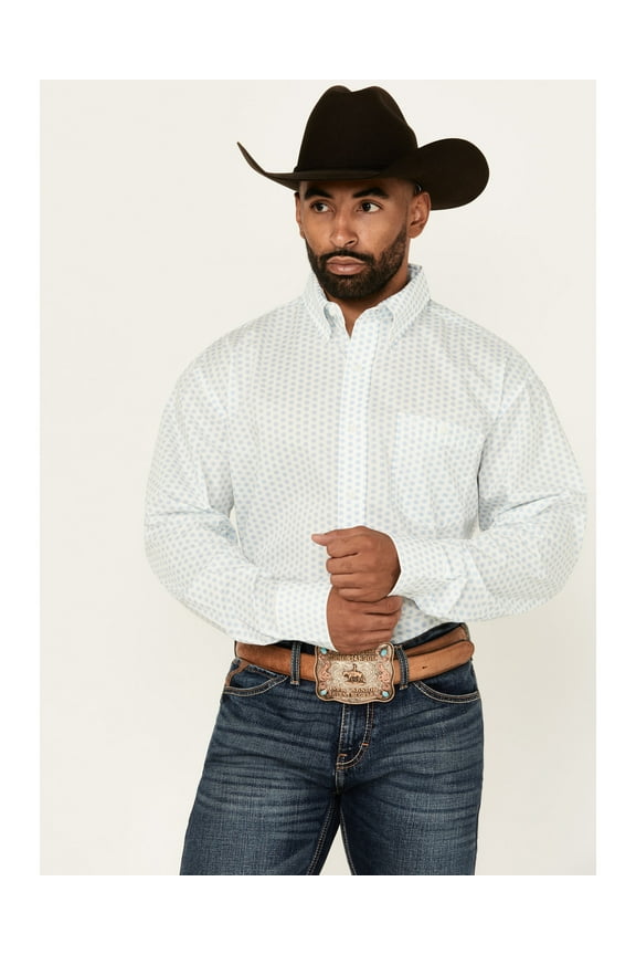 Men's Classic Geo Print Long Sleeve Button-Down Stretch Western Shirt Blue 2X