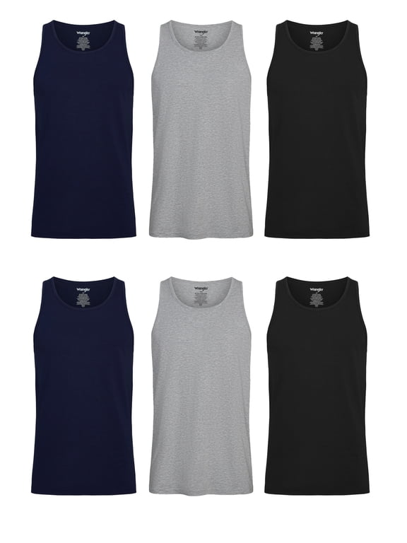 Scoop Neck Cotton Tank Tops for Men, Navy/Light Gray Heather/Black, Large, 6 Pack