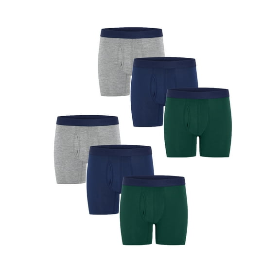 Wrangler Men's Cotton Stretch 6" Boxer Brief Men's Underwear, XL, Deep Emerald/Navy/Light Gray Heather, 6-Pack