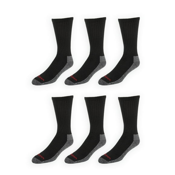 Men's Cushion Crew Socks, Large Work Socks for Men, Black, 6 Pack