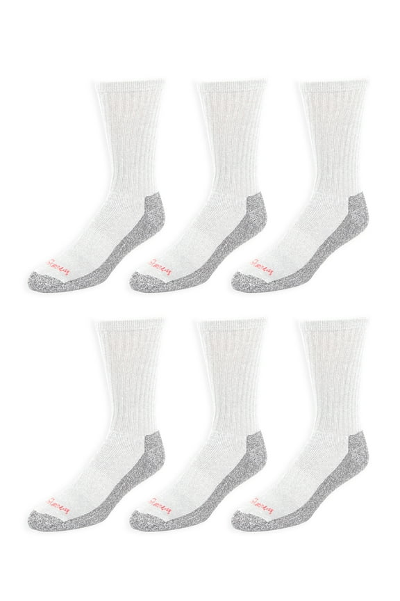 Men's Cushion Crew Socks, Large Work Socks for Men, White, 6 Pack