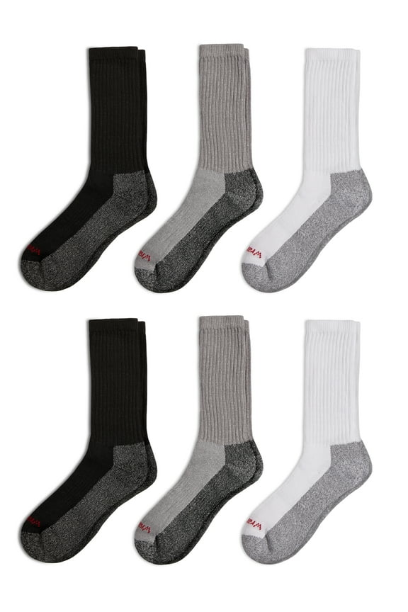 Cushion Crew Socks for Men, Size 6-12, White/Gray/Black, 6 Pairs