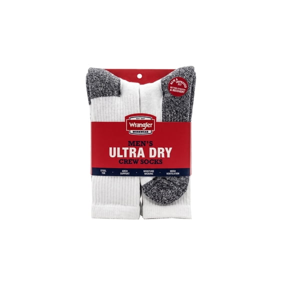 Wrangler Men's Cushion Crew Socks, Work Socks for Men, White, 6 Pack