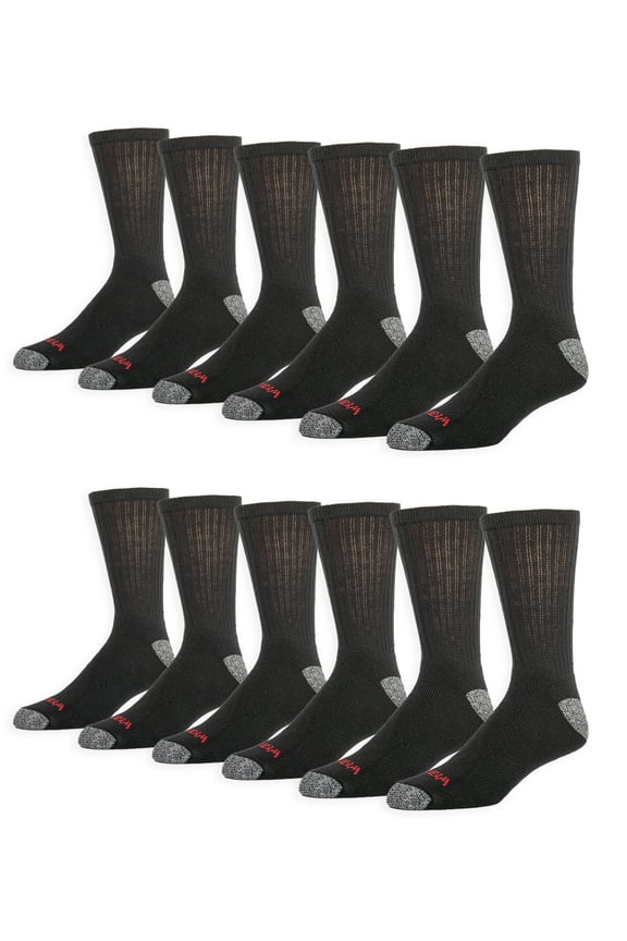 Men's Cushion Crew Socks, Work Socks for Men, Black, 12 Pack
