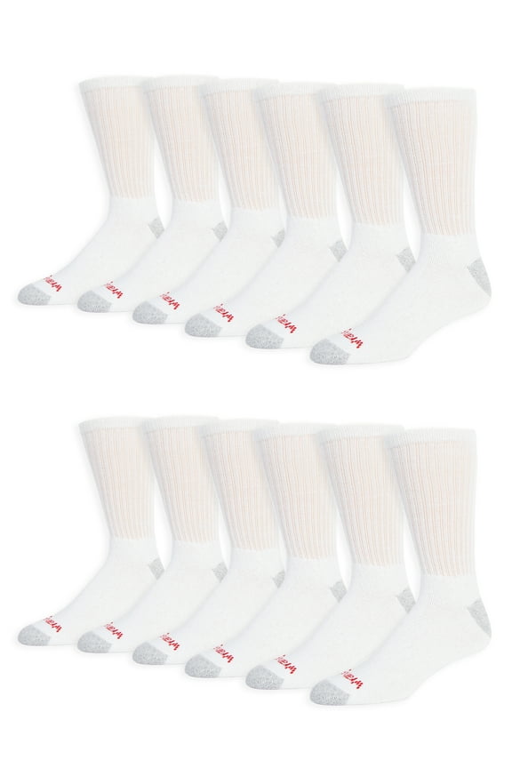 Men's Cushion Crew Socks, Work Socks for Men, White, 12 Pack