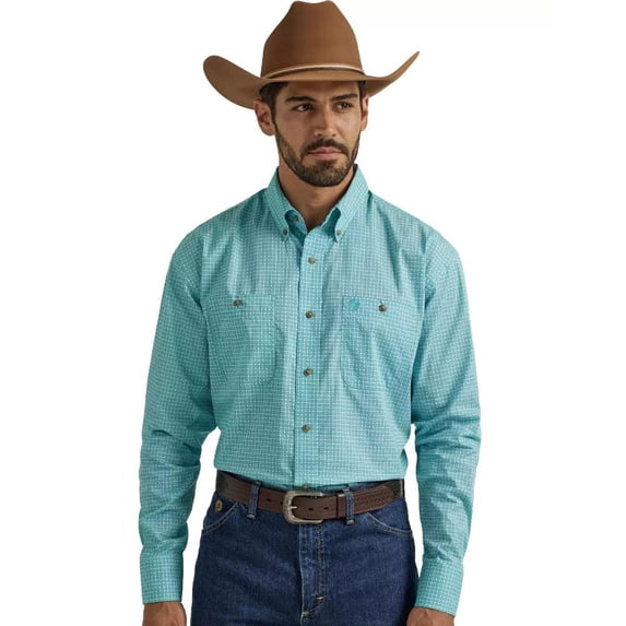 Wrangler Men's George Strait By Geo Print Long Sleeve Button-Down Western Shirt Turquoise XX-