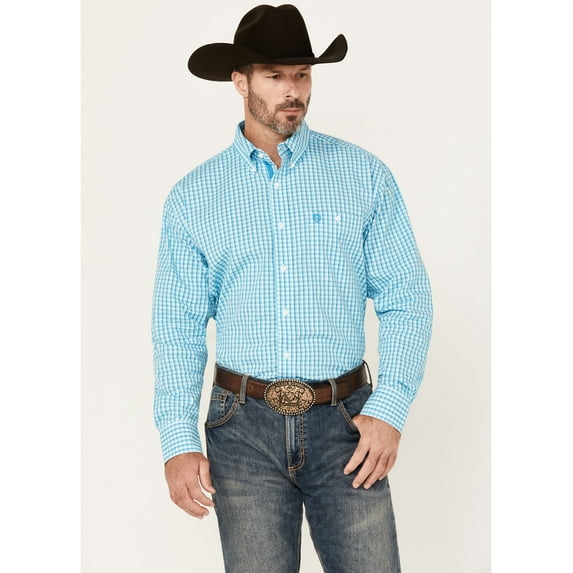 Wrangler Men's George Strait By Plaid Print Long Sleeve Button-Down Stretch Turquoise Medium