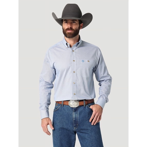 Wrangler Men's George Strait By Print Long Sleeve Button-Down Shirt Blue Medium