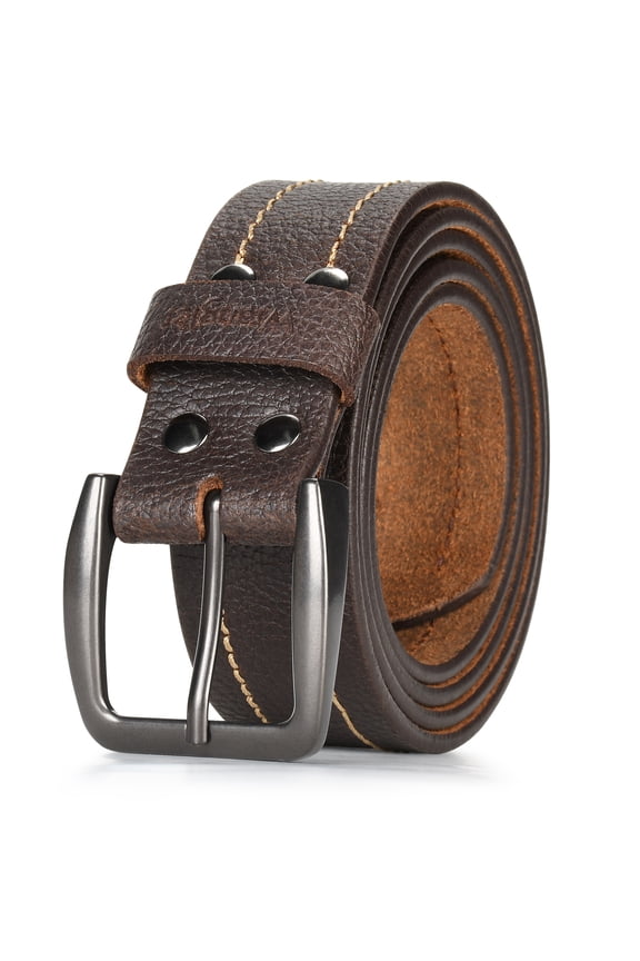 Men’s Leather Embossed Logo Casual Every Day Belt for Jeans, Khakis Brown