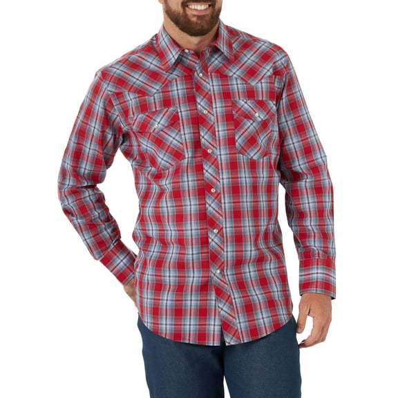 Wrangler Men's Long Sleeve 2 Pocket Plaid Woven Western Shirt
