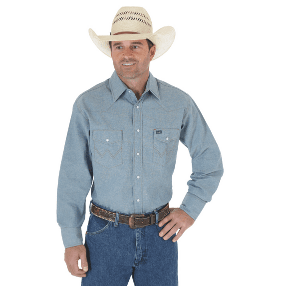 Wrangler Men's Long Sleeve Cowboy Cut Chambray Western Snap Shirt, 14.5 , 33