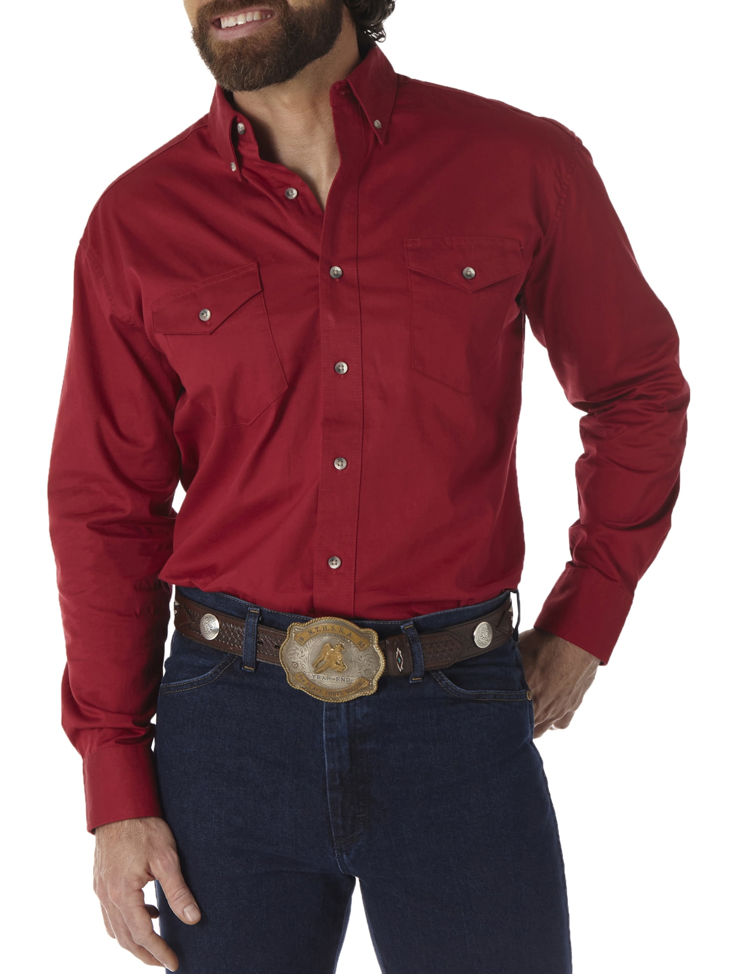 Wrangler Men's Long Sleeve Western Button Down Lightweight Solid Twill Shirt