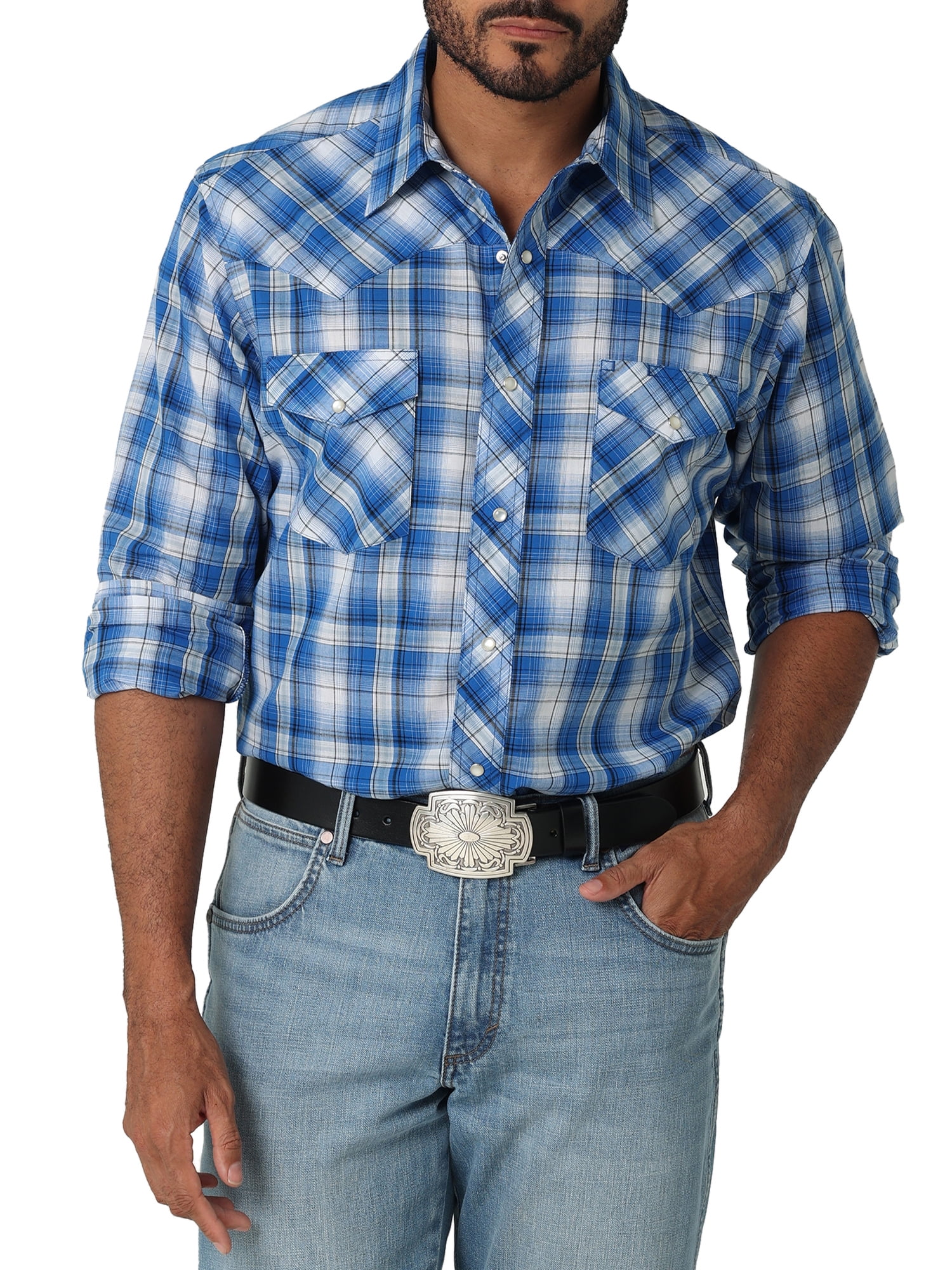 Wrangler® Men's Long Sleeve Western Plaid Shirt - Walmart.com