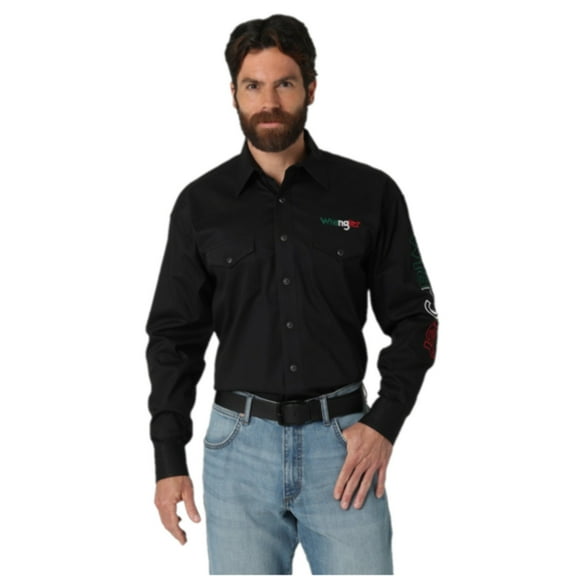Wrangler Men's Western Logo Two Pocket Long Sleeve Button Shirt, Black, 2X Tall