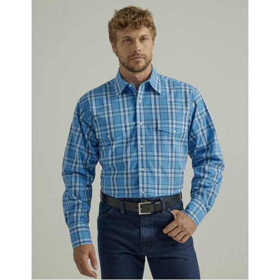 Wrangler Men's Plaid Print Long Sleeve Pearl Snap Western Shirt Blue Medium