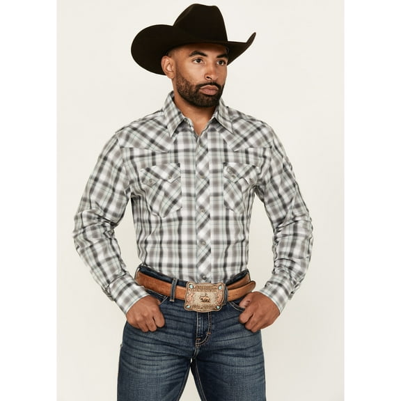 Wrangler Men's Retro Plaid Print Long Sleeve Snap Western Shirt Grey X-