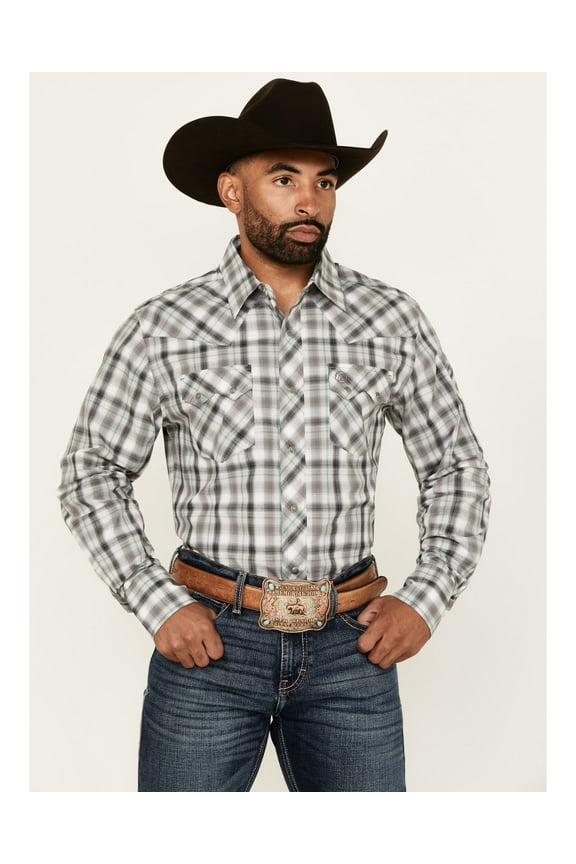 Men's Retro Plaid Print Long Sleeve Snap Western Shirt Grey X-