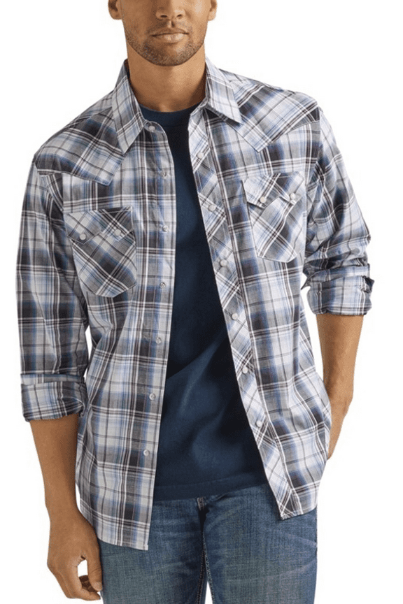 Men's Retro Plaid Print Long Sleeve Snap Western Shirt White Medium