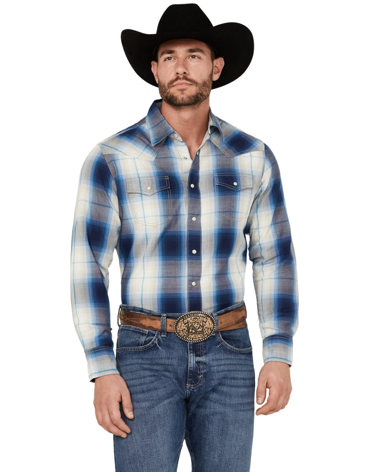 112355369 Wrangler Men's Wrinkle Resist Long Sleeve Western Shirt - Blue Plaid