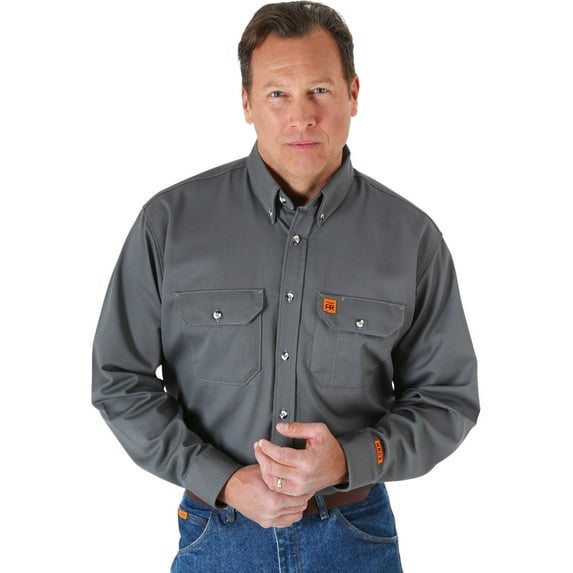 Wrangler Men's Riggs Fr Long Sleeve Button Down Work Shirt Grey Tall