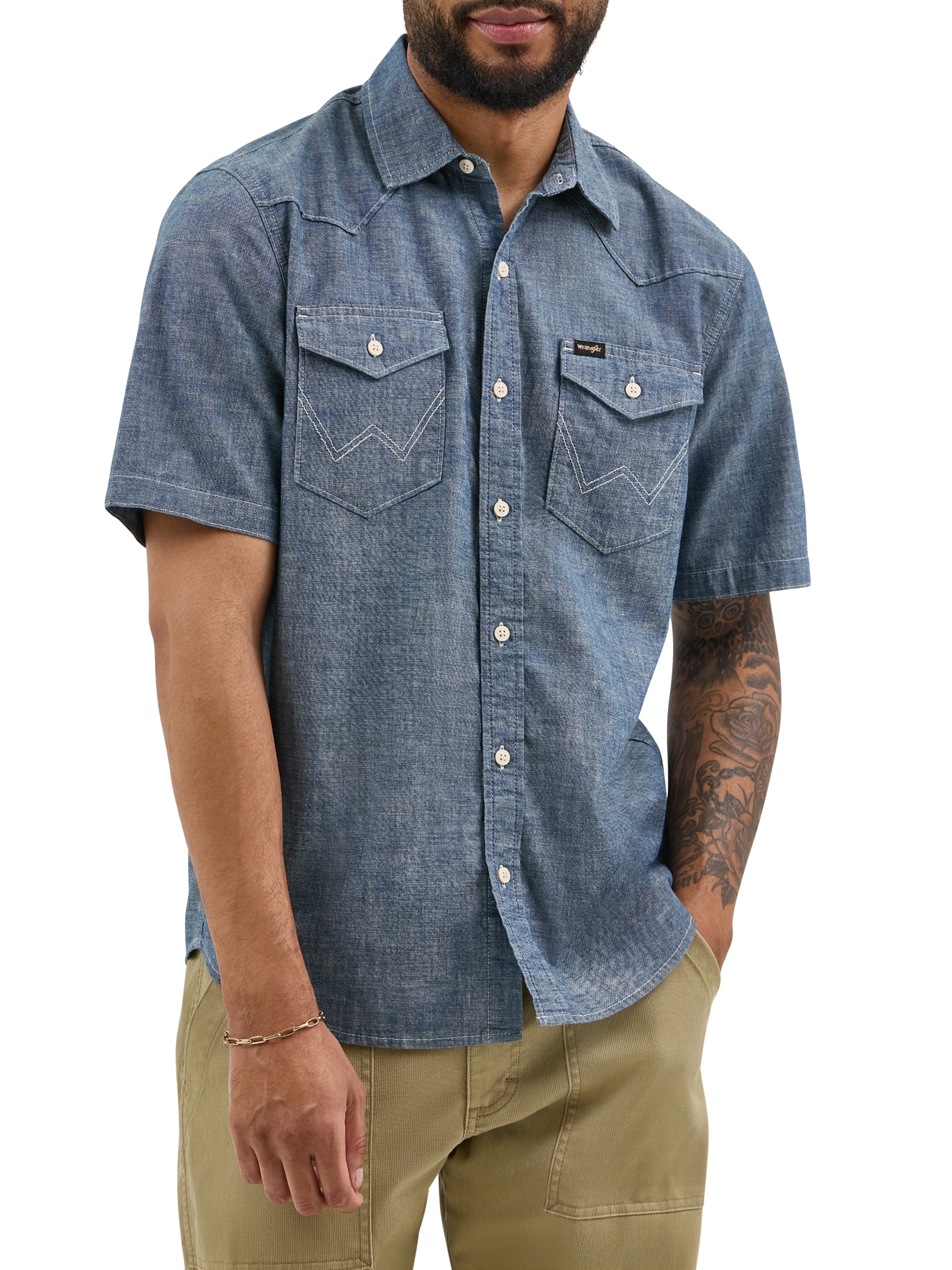 Wrangler® Men's Short Sleeve Denim Chambray Shirt - Walmart.com