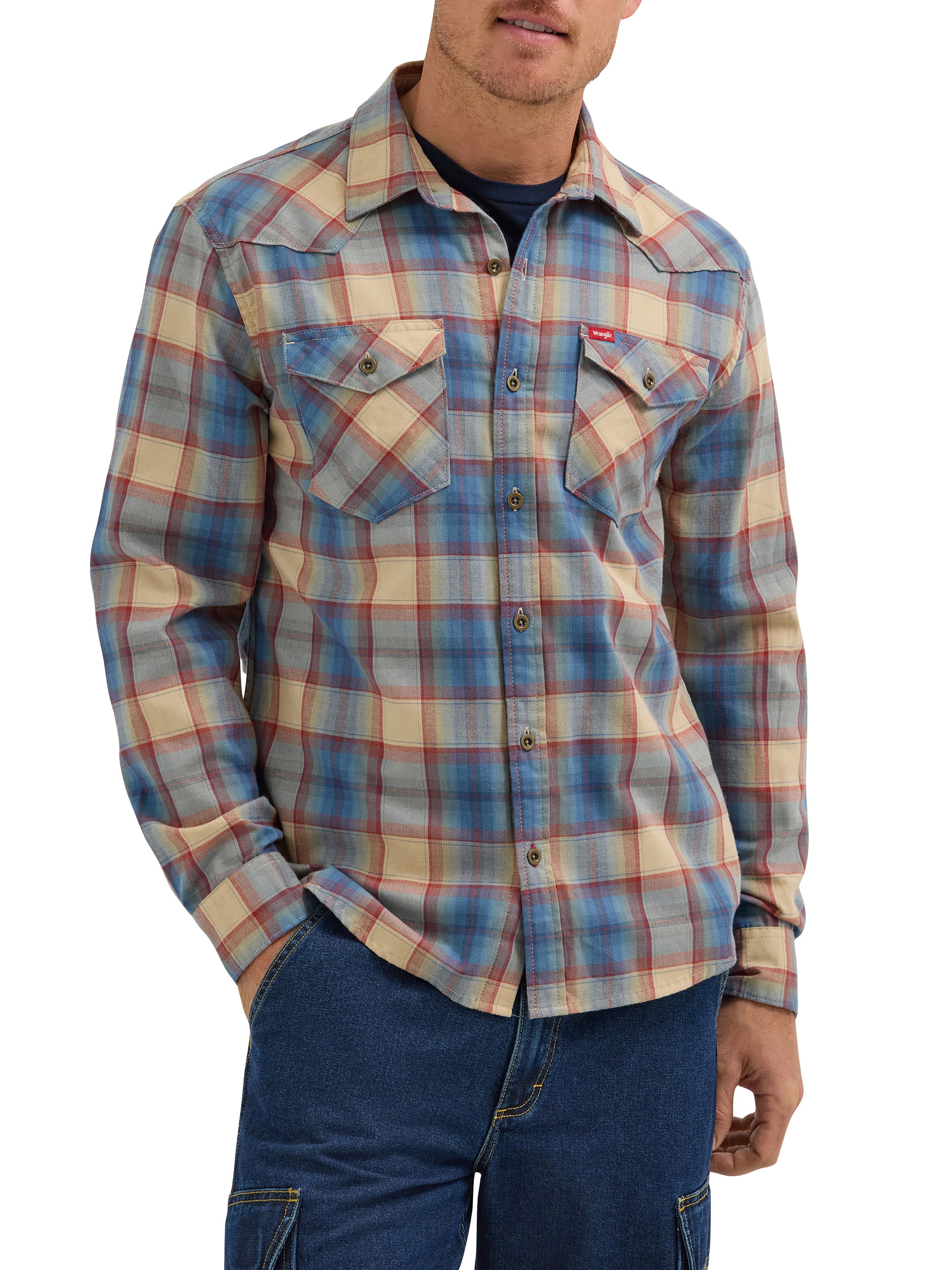 Wrangler® Men's Slim Fit Long Sleeve Woven Twill Shirt with Sunglasses Cleaner, Sizes S-5XL