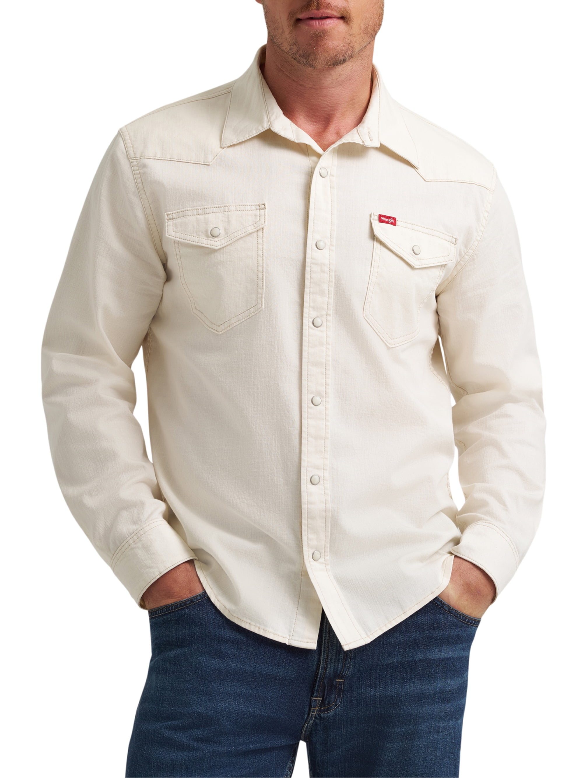 Wrangler® Men's Slim Fit Long Sleeve Woven Twill Denim Shirt with Sunglasses Cleaner, Sizes S-5XL