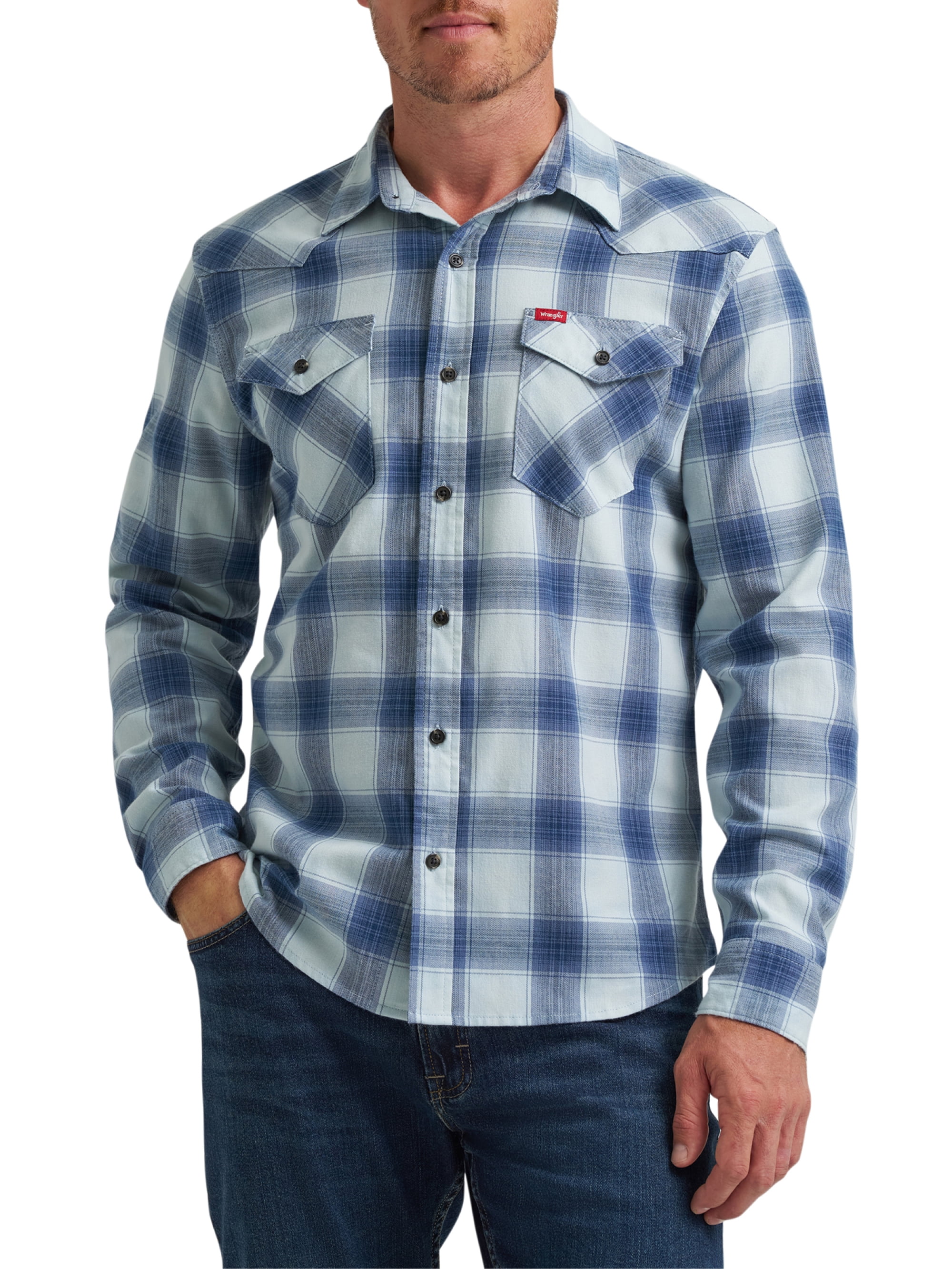 Wrangler® Men's Slim Fit Long Sleeve Woven Twill Shirt with Sunglasses Cleaner, Sizes S-5XL
