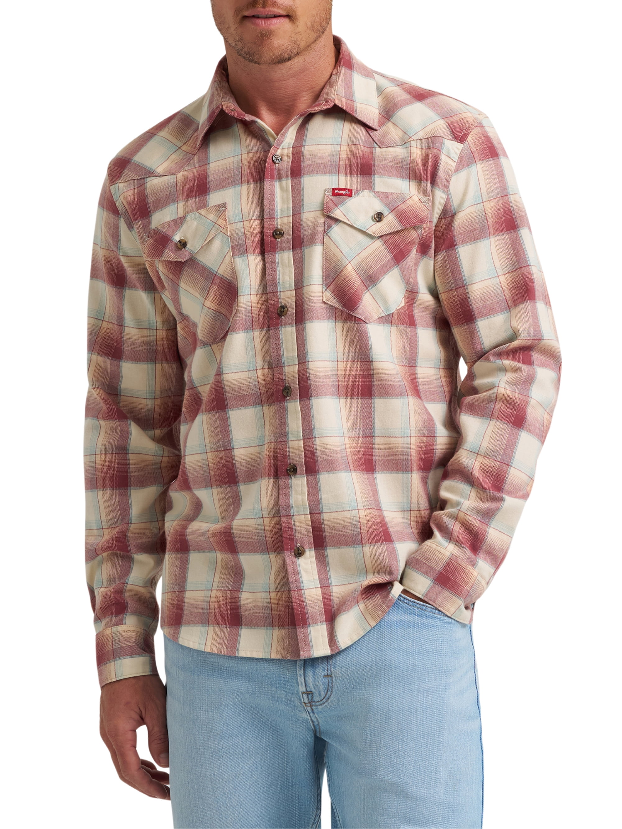 Wrangler® Men's Slim Fit Long Sleeve Woven Twill Shirt with Sunglasses Cleaner, Sizes S-5XL