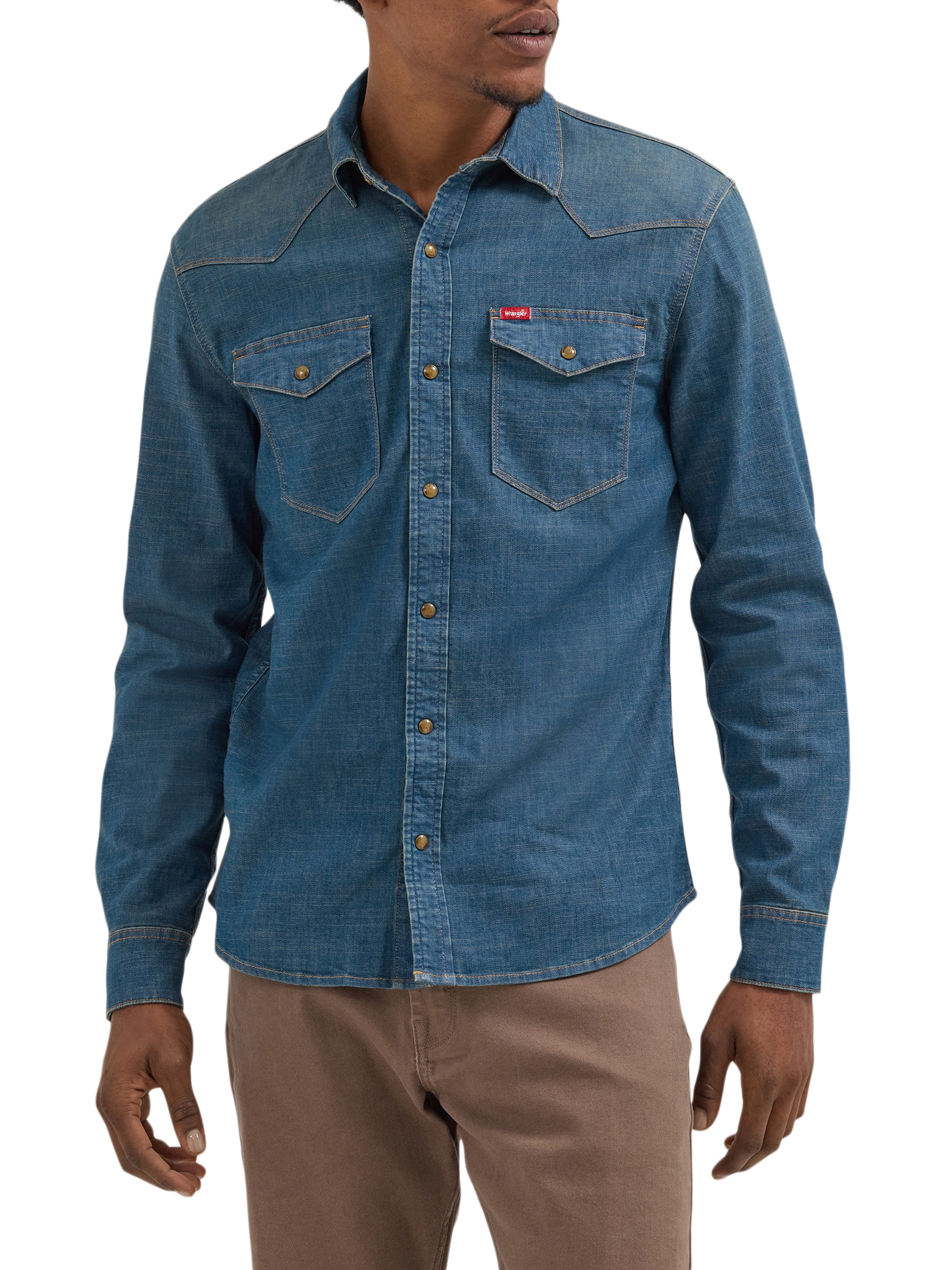 Wrangler® Men's Slim Fit Long Sleeve Woven Denim Shirt with Sunglasses Cleaner, Sizes S-5XL
