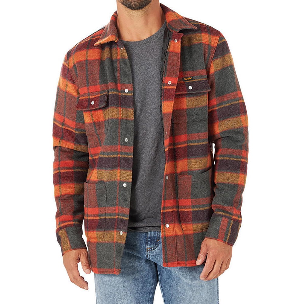 Wrangler Mens 112318474 Blaze Orange Plaid Quilt Lined Shirt Jacket S