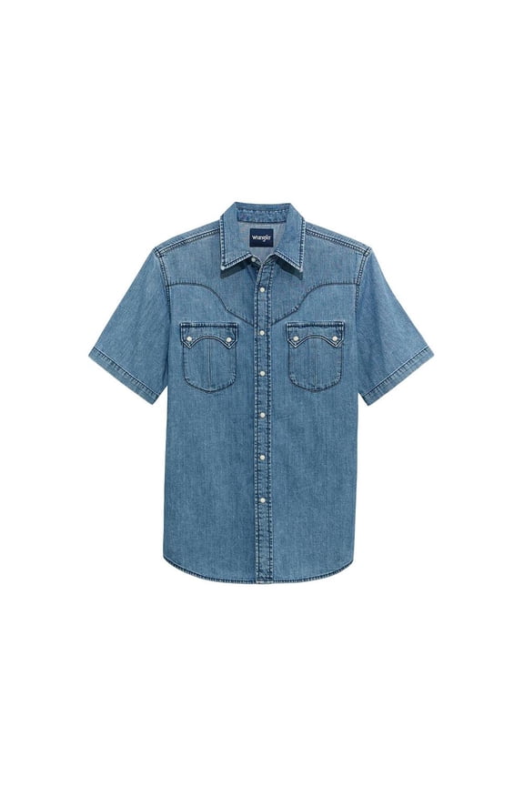 Mens Light Wash Denim Snap Shirt