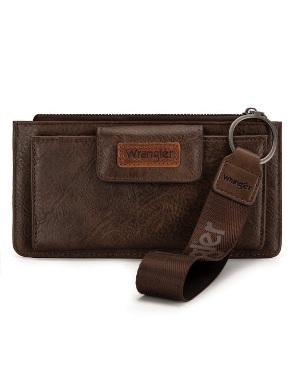 Wrangler Minimalist Wristlet Wallet with Phone Slot & RFID Protection & Smooth Zipper, Coffee