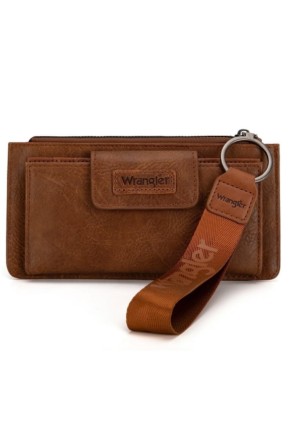 Wrangler Minimalist Wristlet Wallet with Phone Slot & RFID Protection & Smooth Zipper, Brown
