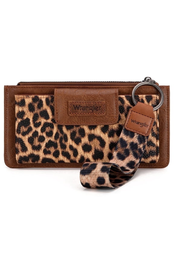Wrangler Minimalist Wristlet Wallet with Phone Slot & RFID Protection & Smooth Zipper, Leopard