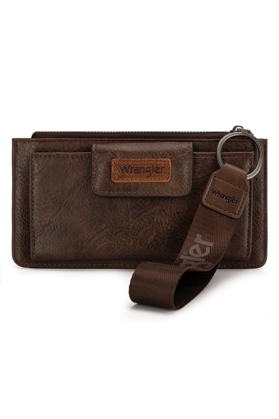Wrangler Minimalist Wristlet Wallet with Phone Slot & RFID Protection & Smooth Zipper, Coffee