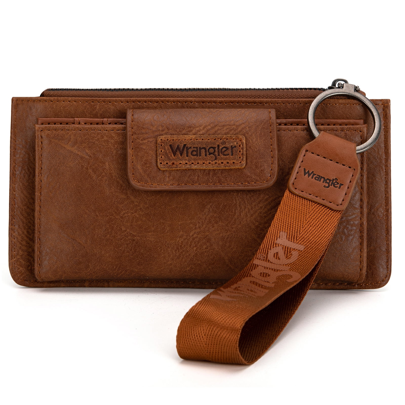 Cartera Minimalista Tipo Pulsera Wrangler con Compartimento para Teléfono, Protección RFID y Cierre Suave, Color Café