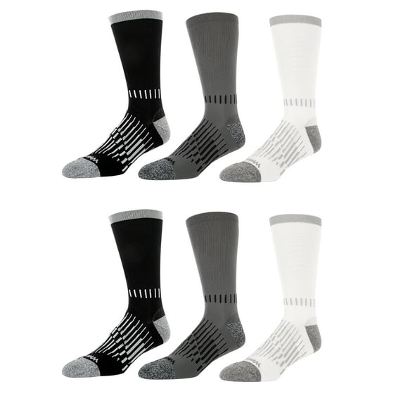 Wrangler Peak Light Compression Crew Socks for Men, Size 6-12, White/Gray/Black, 6 Pairs