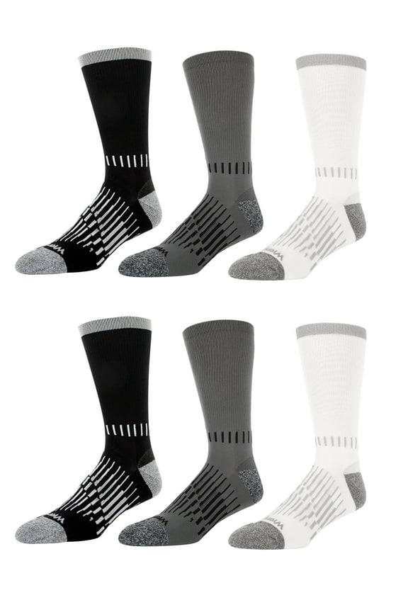 Peak Light Compression Crew Socks for Men, Size 13-15, White/Gray/Black, 6 Pairs