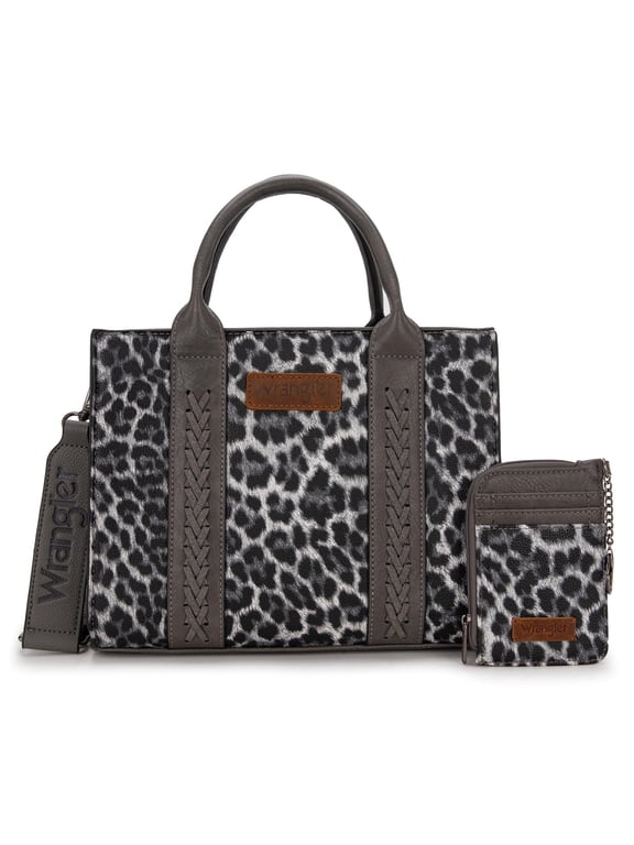 Wrangler Purse Medium Tote Bags for Women with Card Holder Wallet Designer Satchel Top-handle Handbags, Leopard-Light Grey