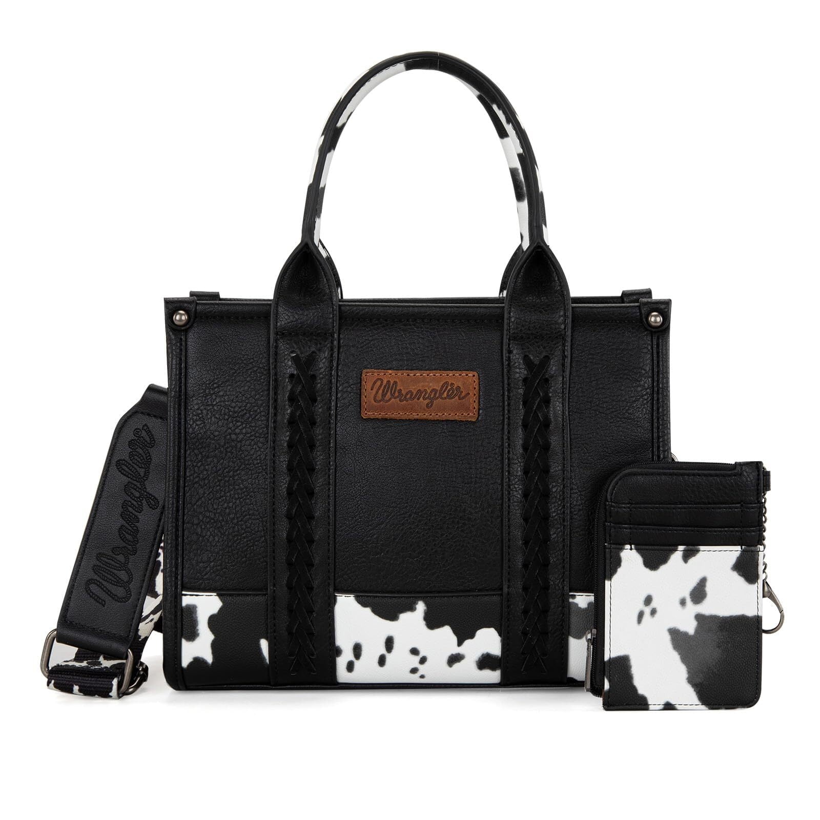 Wrangler Purse Medium Tote Bags for Women with Card Holder Wallet Designer Satchel Top-handle Handbags, Cow Print-Black