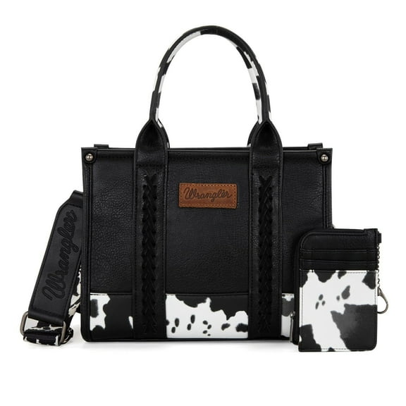 Wrangler Purse Medium Tote Bags for Women with Card Holder Wallet Designer Satchel Top-handle Handbags, Cow Print-Black