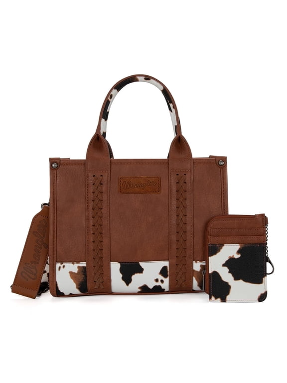 Wrangler Purse Medium Tote Bags for Women with Card Holder Wallet Designer Satchel Top-handle Handbags, Cow Print-Brown