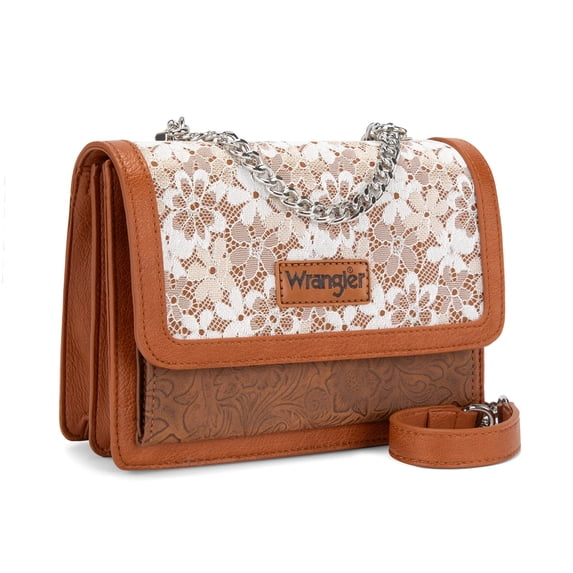 Wrangler Purses for Women Floral Tooled Crossbody Bag Flap Purse with Chain Strap, Brown